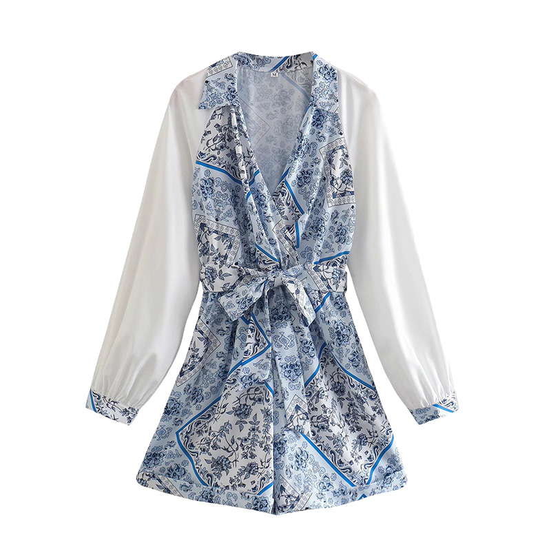 Vintage Print V-Neck Long Sleeve Tie Waist Jumpsuit