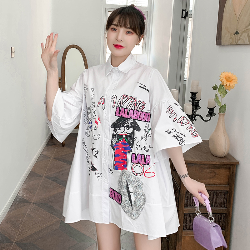 Title 6, Cartoon Flared Sleeves Slim Mid-length Skirt