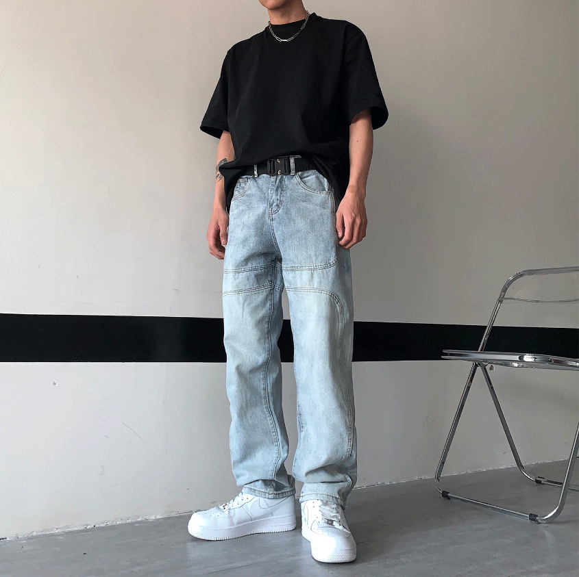 3D Cutting Washed Jeans Casual Straight Trousers