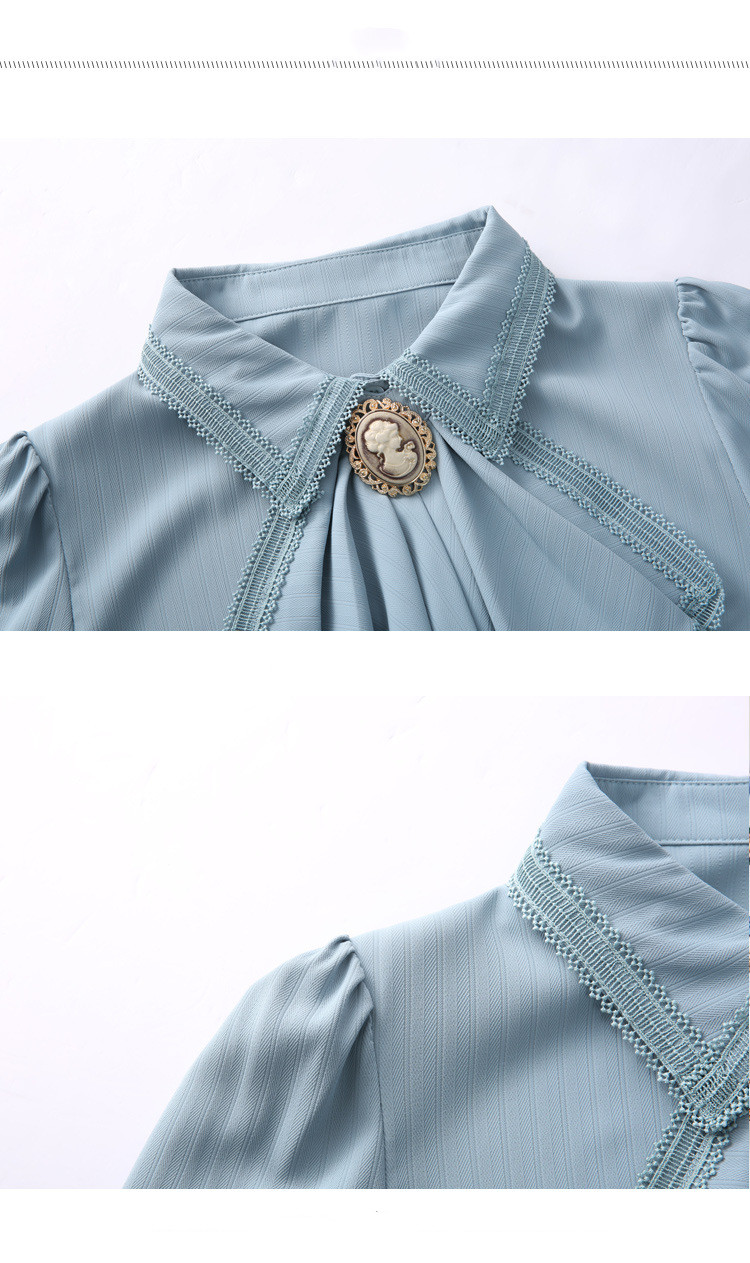 Retro Polo Collar Blue Chiffon Shirt For Women