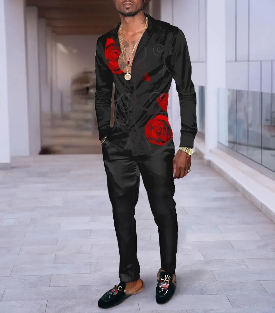 Hip Hop Hong Kong Style Fashion 3D Printing Casual Long Sleeve Shirt Suit