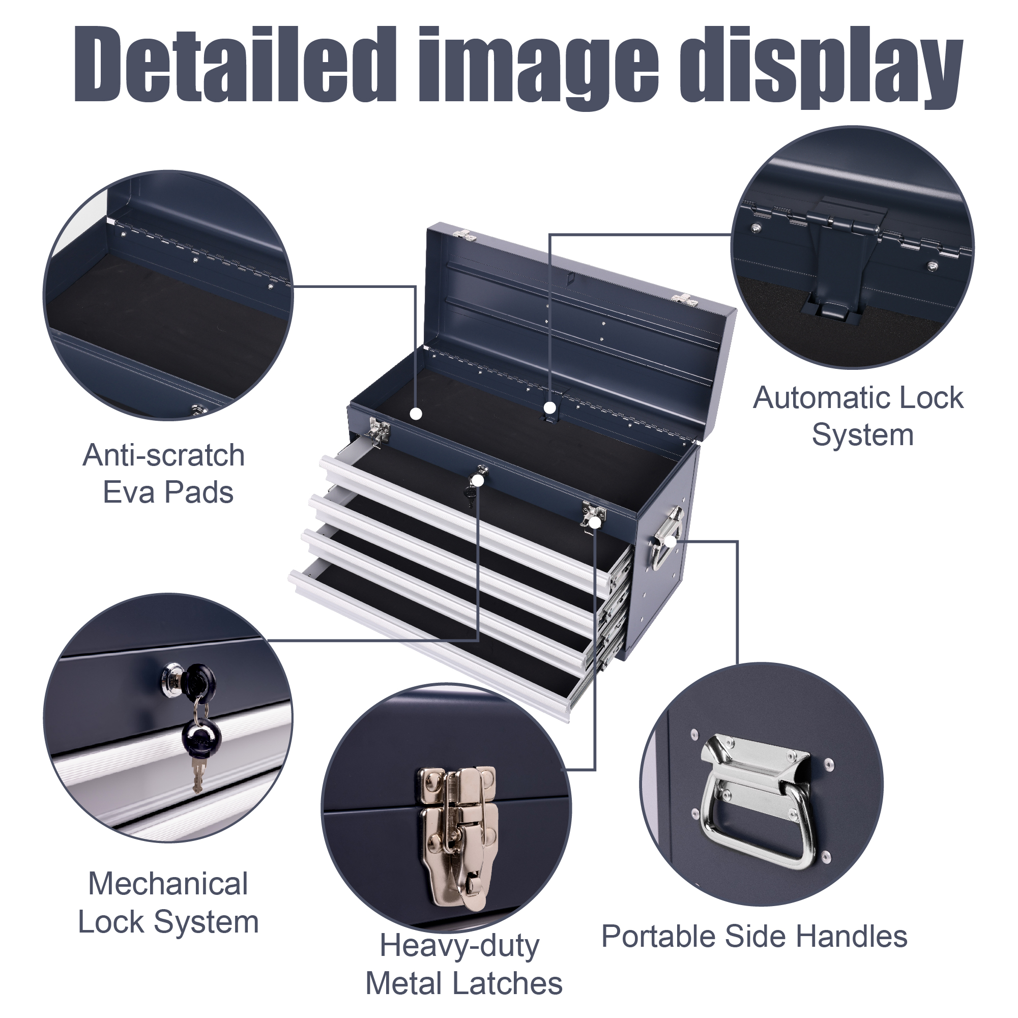 Heavy Duty Metal Tool Box, 21-inch, Portable Metal Tool Box With 4 Drawers, Small Tool Chest With EVA Liners, Ball Bearing Slide Drawers Locking & Powder Coated Finish, Multi-Function Tool Organizer — foto 7