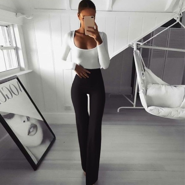 Title 6, Solid color high elastic slim belly bell pants