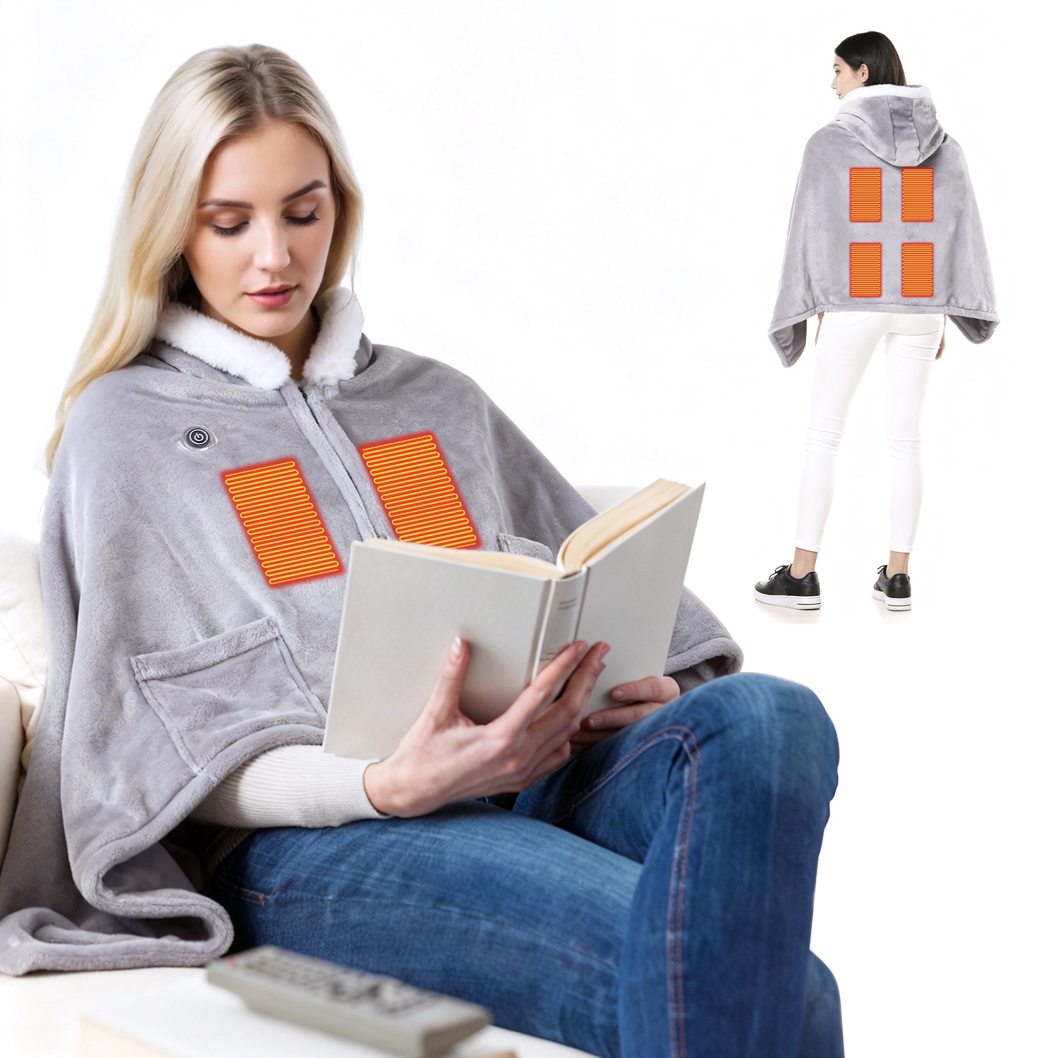 Wearable Heated Throw Blanket With 20000mah Battery Pack Double Sided Flannel Portable Electric Heating Hoodie For Women Men Machine Washable 3 Heating Levels Battery Operated