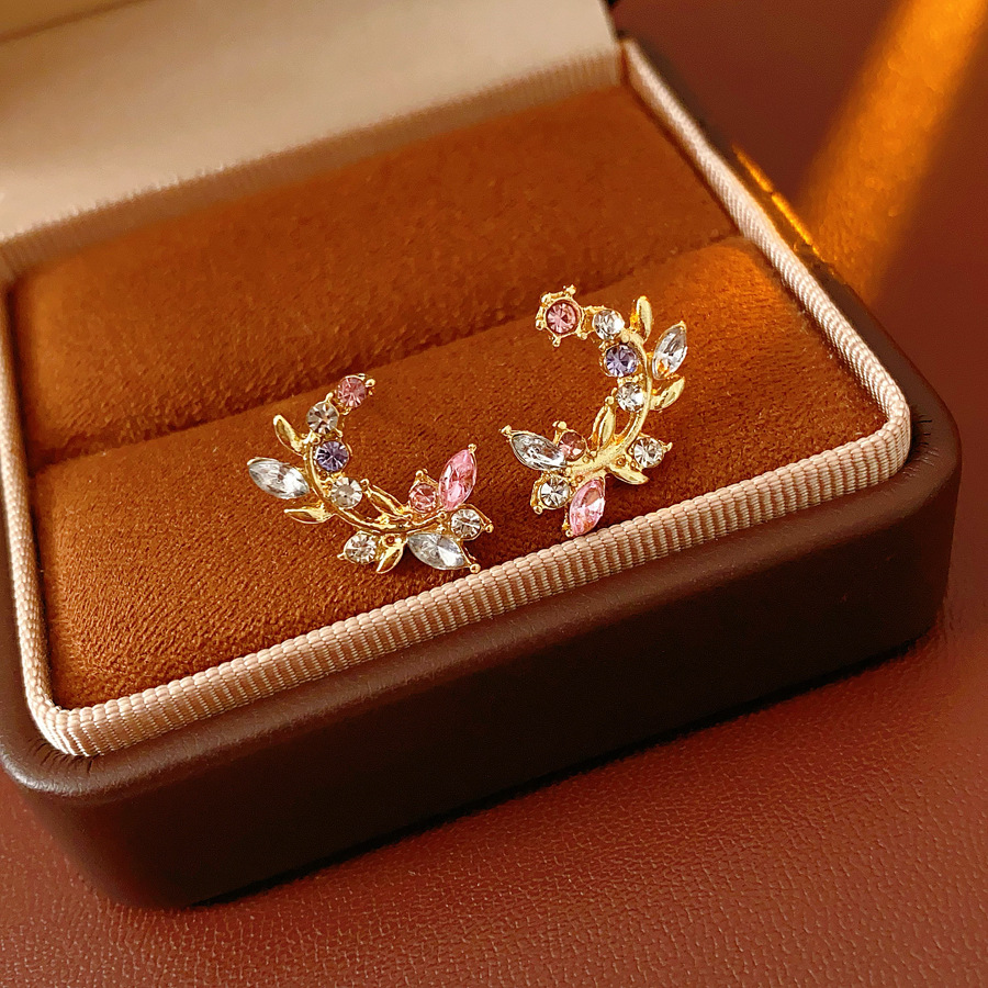 S925 Sterling Silver Stud Earrings For Women Crystal Floral Wreath Earrings Zircon Flower Small Stud Earrings - Jewelry & Watches