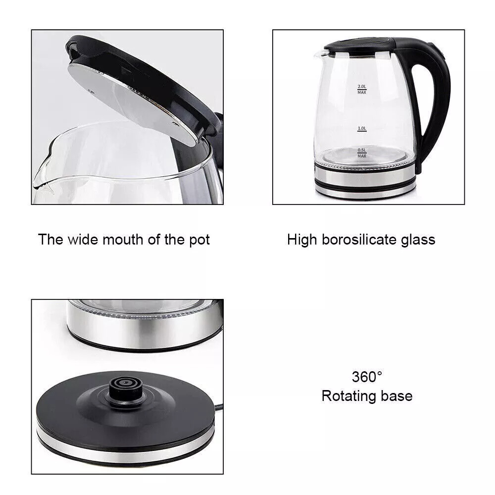2L Electric Kettle Fast Boil Quiet Glass 360 Blue LED Boil-Dry Protection — image 11