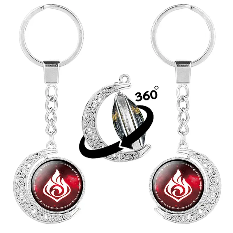Genshin Impact Element Rotatable Double Sided Glass Keychain Silver Color Hollow Moon Pendant Car Key Chain