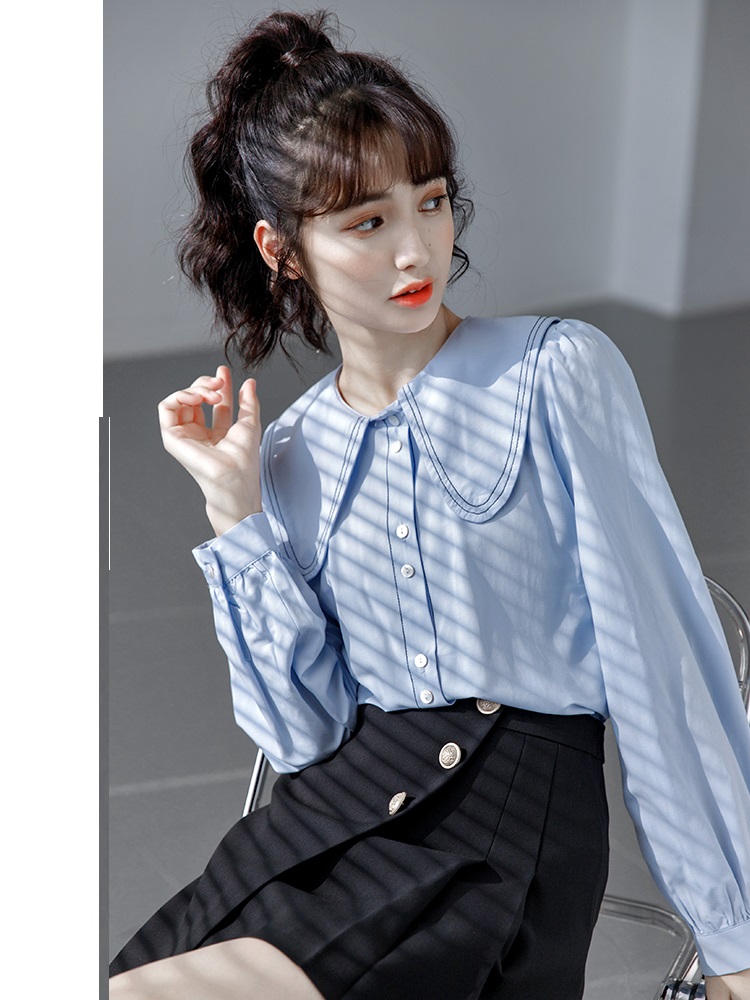 Doll Collar Blue Shirt Women's Long Sleeve Design Sense