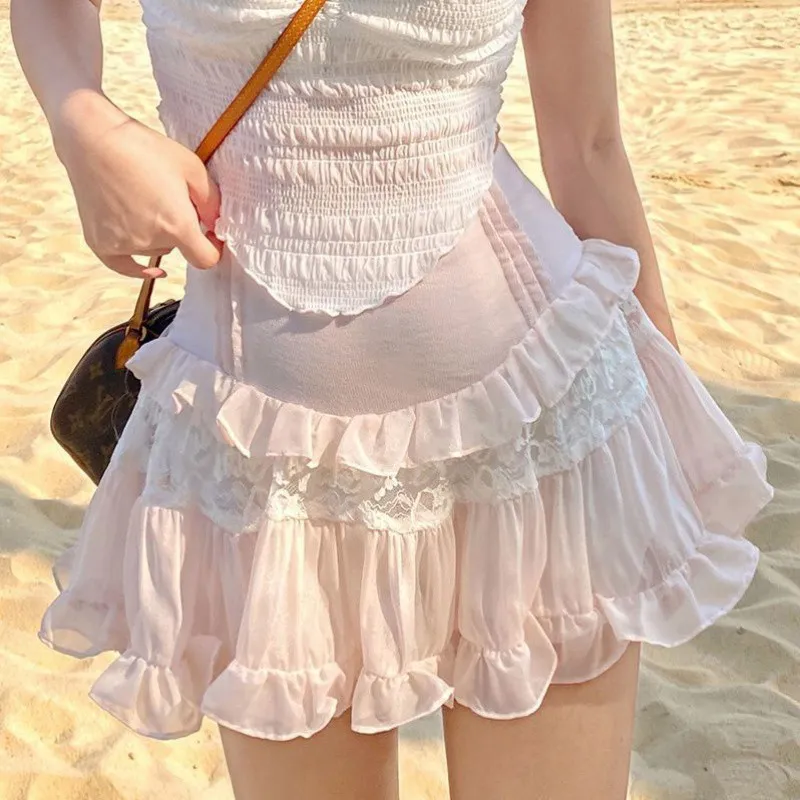 Japanese Women's High Waist Ruffled Chiffon Lace Skirt - Pink Skirt