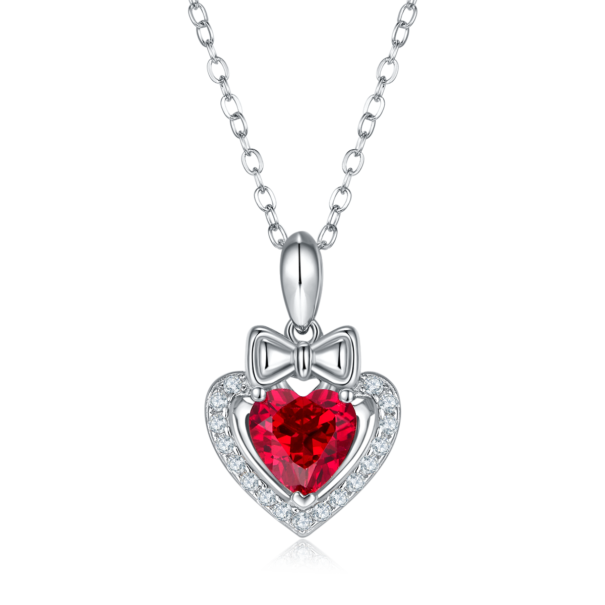 S925 Silver 3g Platinum Plated 1.56ct Lab-Created Ruby Heart Necklace, 7mm Pendant, 40&5cm