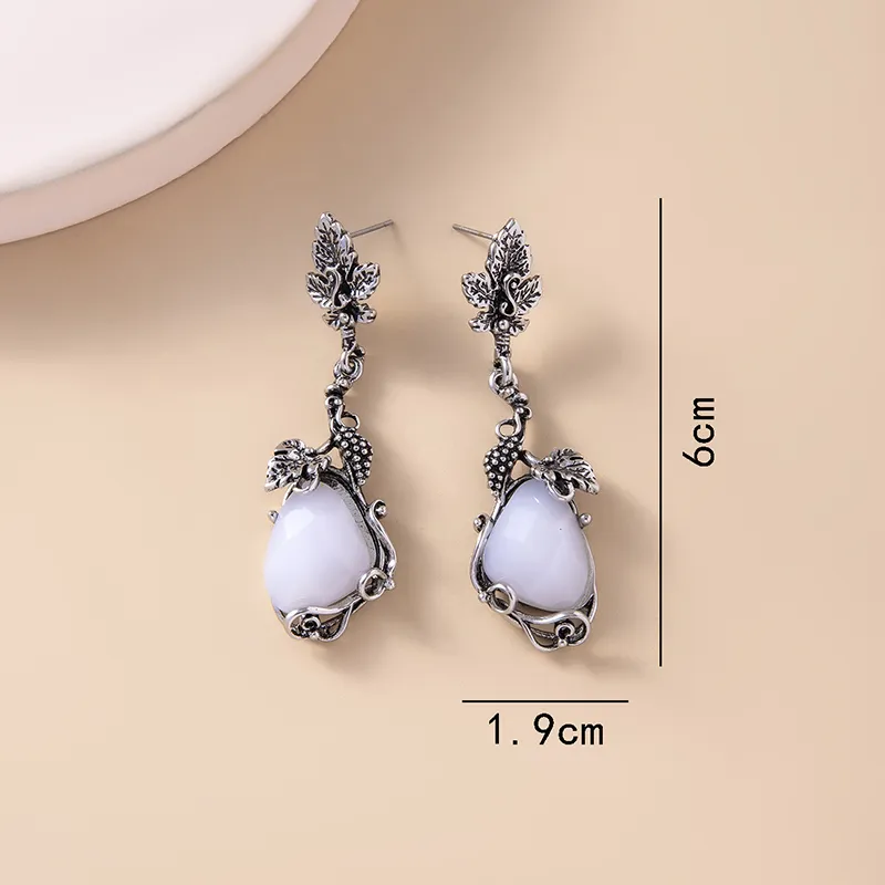Vintage Leaf Flower Opal Stone Pendant Earrings - foto 2