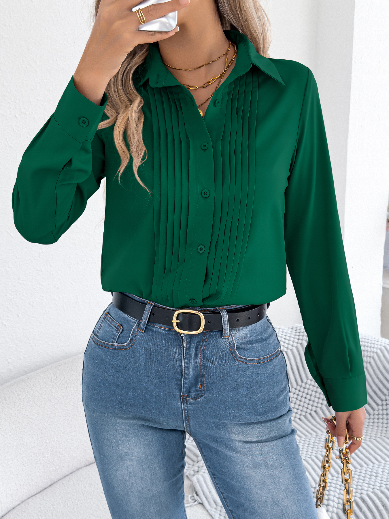 Women’s Elegant Crinkled Solid Color Button Long Sleeve Office Shirt