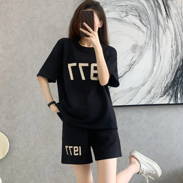 Summer Shorts Sportswear Suit Women's Fashionable Loose Short Sleeve Casual Two piece Suit Black - Shop at LoveMi