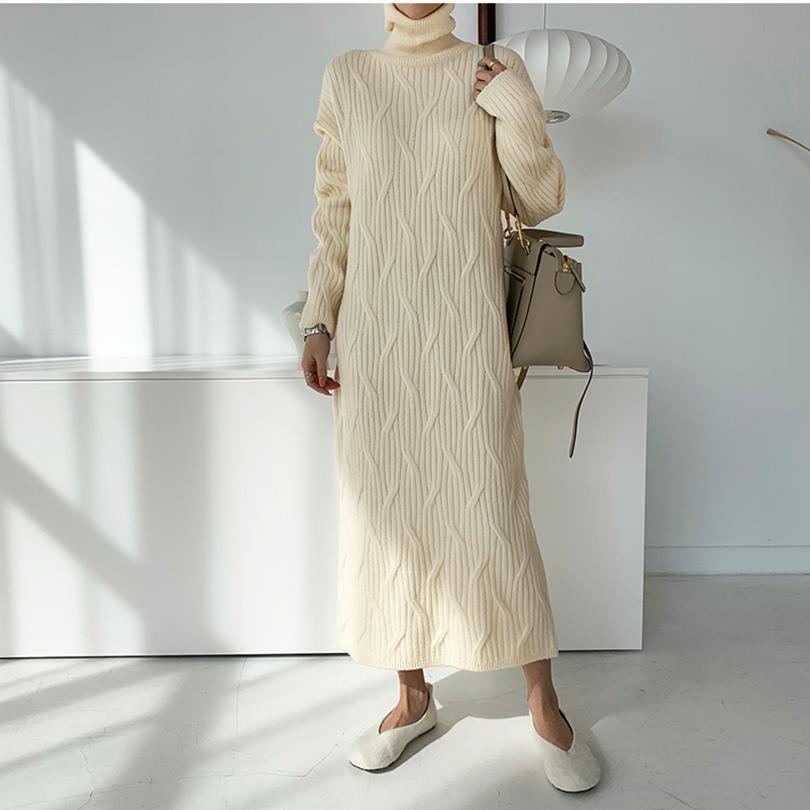 Thick And Warm Long-sleeved Over-the-knee Skirt New Solid Color Soft Sweater Dress