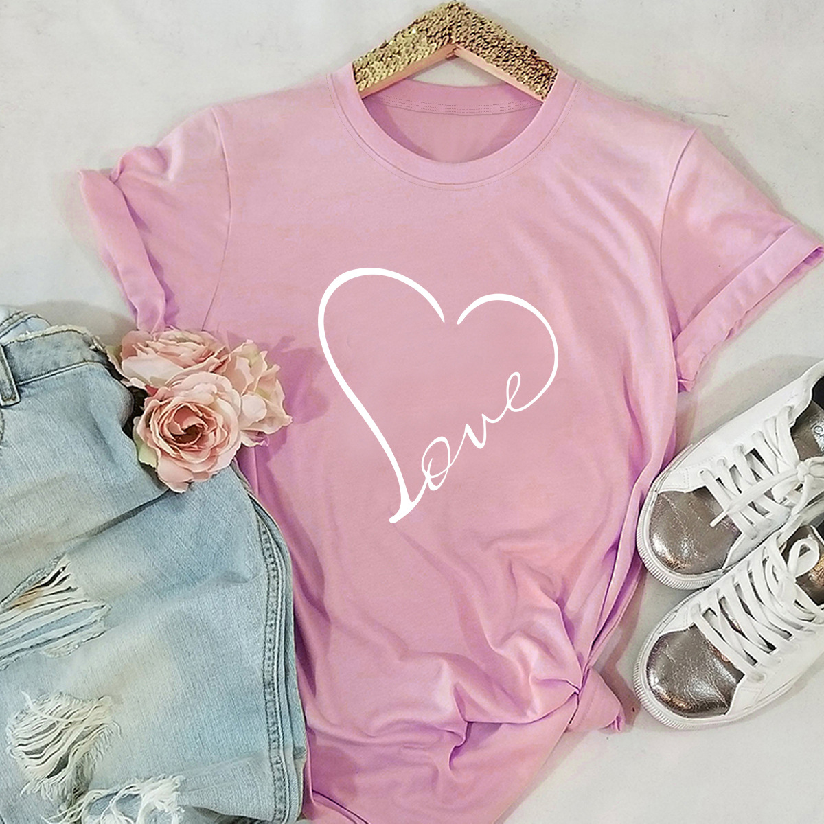 Title 5, Heart-shaped Love Print Short-sleeved T-shirt W...