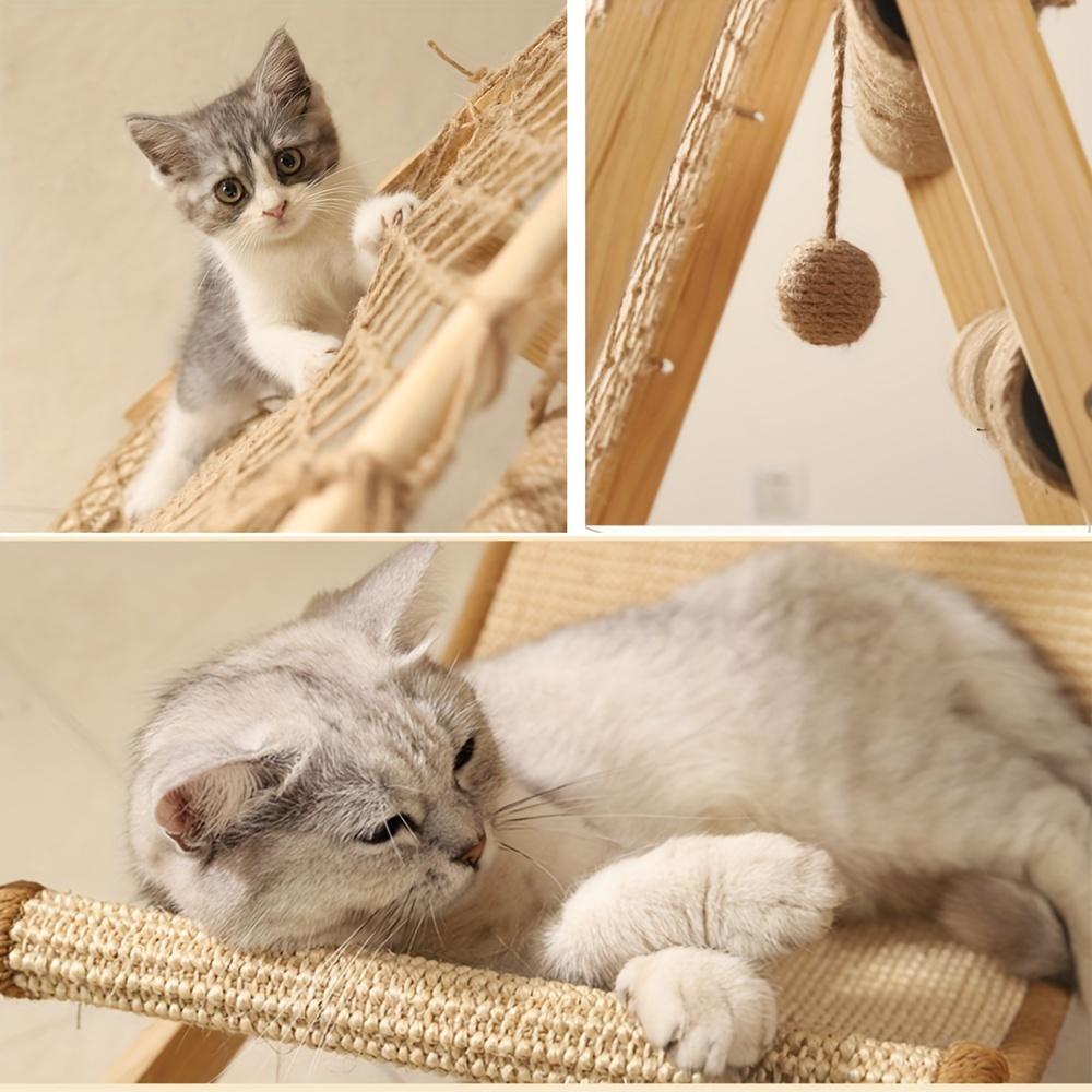petsguides.com - Wooden Cat Tower with Scratching Posts & Climbing Net