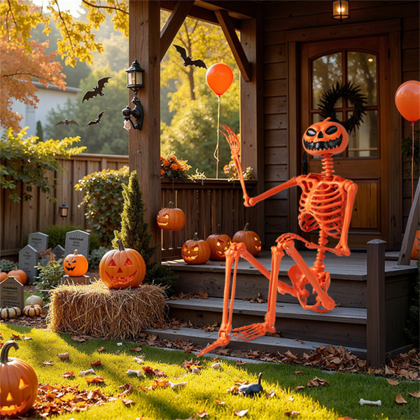 5.5ft Life-Size Halloween Skeleton with Pumpkin Head - Orange Color, Fully Poseable Joints (Jaw/Shoulders/Knees), PP+PE Material-20