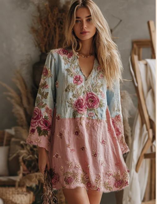 Color blocked Rose Embroidered Casual V neck Long sleeved Short Dress 5Style - Shop at LoveMi