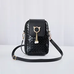 Mobile Phone Bags Women Woven Pearl Tassel Cover Type Crossbody Shoulder Bag - Black - View 1