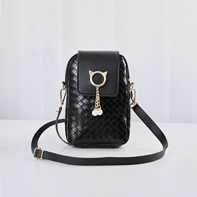 Mobile Phone Bags Women Woven Pearl Tassel Cover Type Crossbody Shoulder Bag - Black