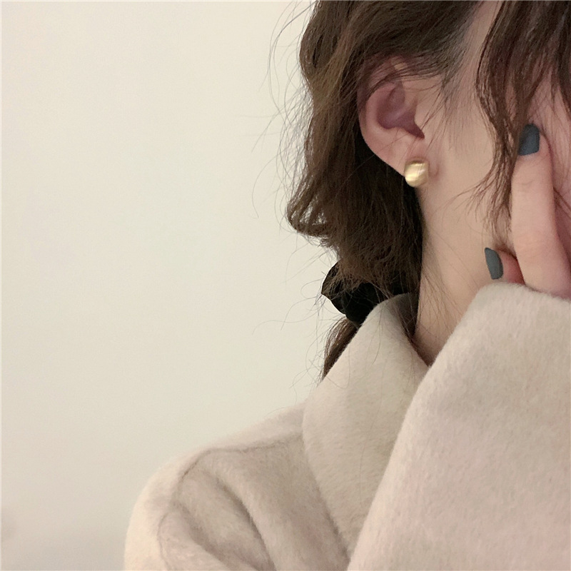 Sterling Silver Needle Simple Cold Style Pea Brushed Stud Earrings