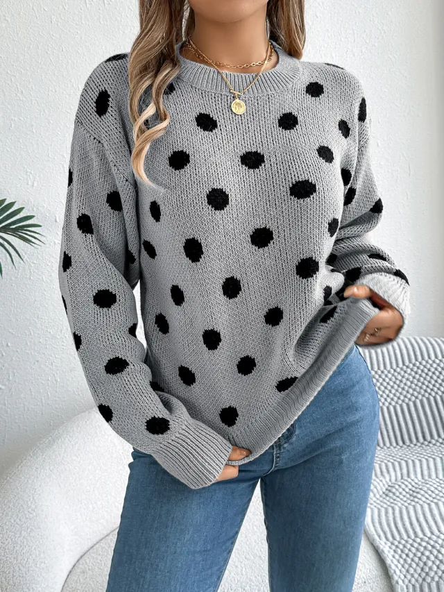 Casual Color Block Polka Dot Long Sleeve Pullover Sweater Gray - Shop at LoveMi