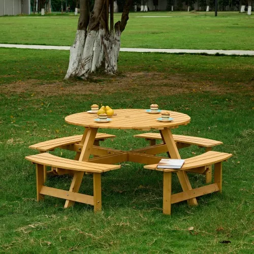 Outdoor 8 Person Picnic Table, 8 Person Round Picnic Table With 4 Built in Benches, Umbrella Hole, Outside Table And Bench Set For Garden, Backyard... Natural - Shop at LoveMi