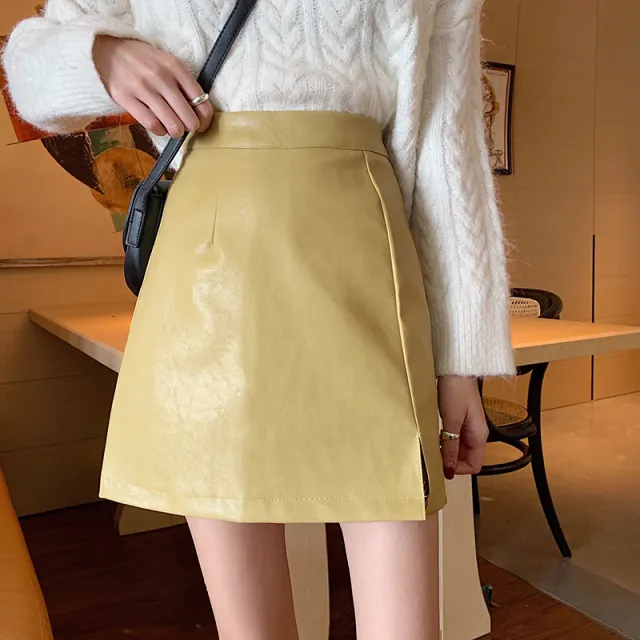 A line Slim Bag Hip Slit Short Skirt Women Yellow - Shop at LoveMi