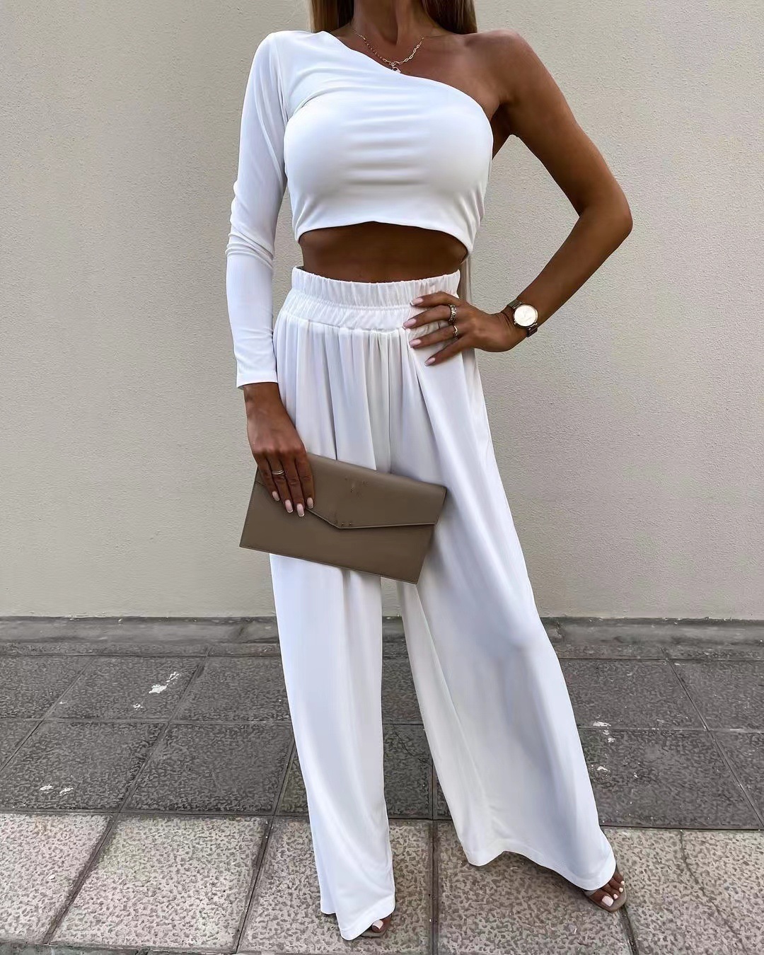 Solid Color One Shoulder Long Sleeve Pants Casual Suit Women - Image 3