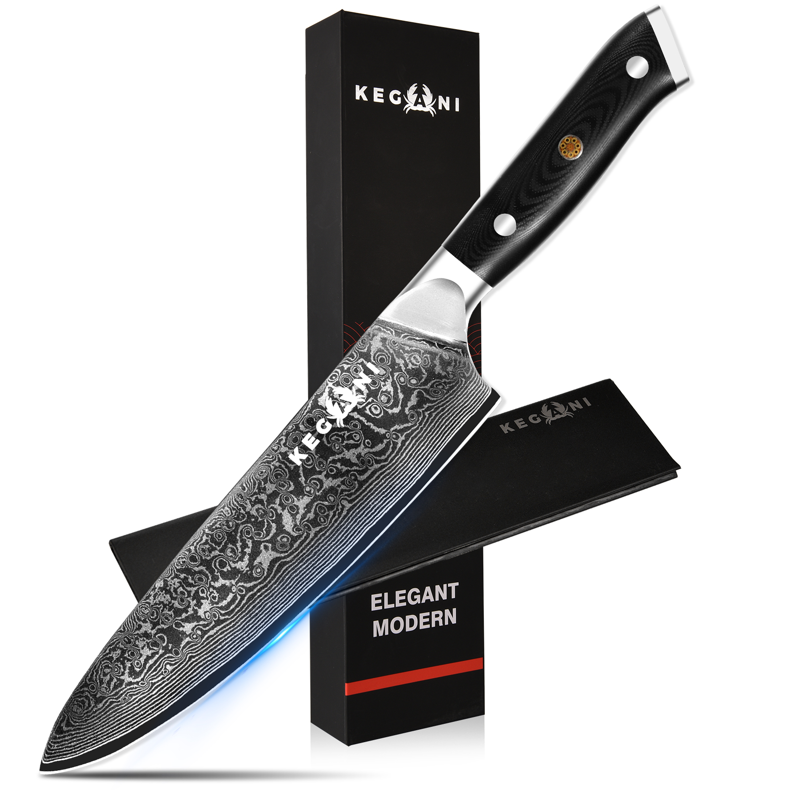 Kegani Chef Knife, 8 Inch Damascus Chefs Knife, Japanese VG10 Super Steel Hammered, G10 Handle Kitchen Knife, Classic Series