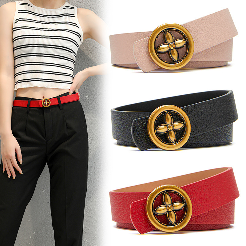 Plum Blossom Round Buckle Decoration Women's PU Belt Fashionable Versatile