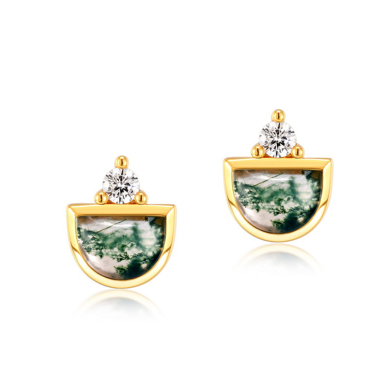S925 Silver Inlaid Green Moss Stone Stud Earrings