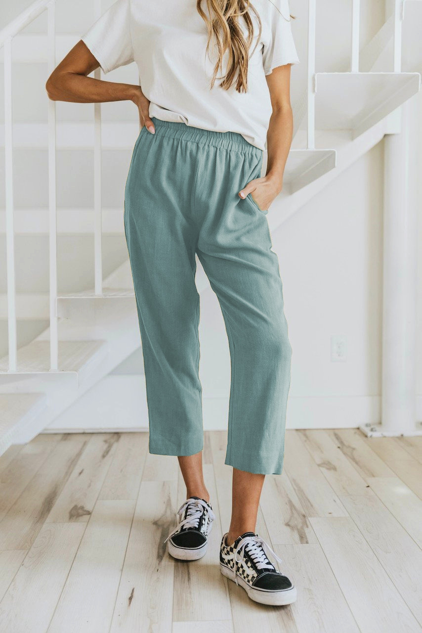 Solid Color Casual Elasticated High waist Cropped Trousers Lake Blue - Shop at LoveMi