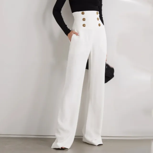 Ladies High Waist Slim Fit Waist Drawn Casual Trousers White - Shop at LoveMi