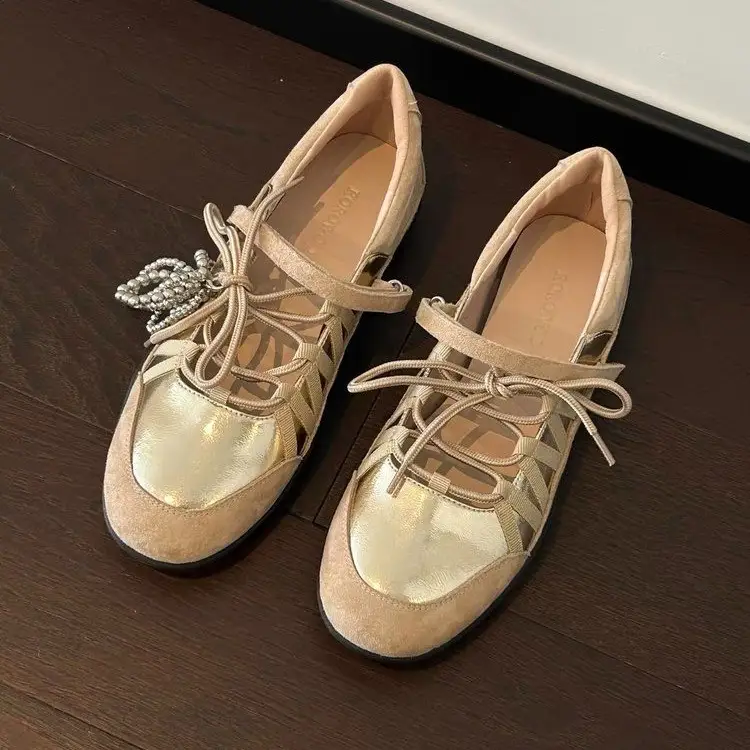 Women Fairy Sparkly Two-Tone Silver Metallic Suede Cross Lace Flats, Round Toe Crystal Bead Tassel Ribbon Tie Patchwork Shiny Leather Slip On Minimalist Date Pa