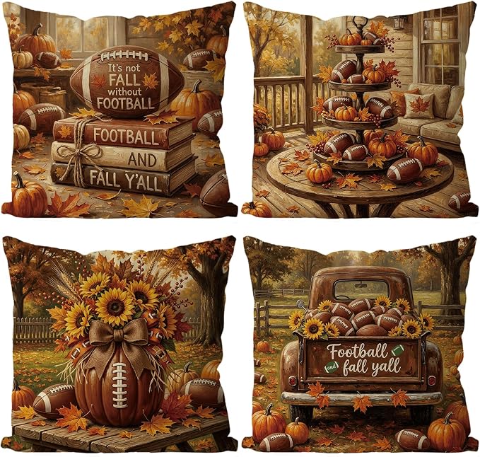 4-Piece Fall Pillow Covers, 18x18 Inch Pumpkin And Books Decorative Farmhouse Cushion Cases For Thanksgiving