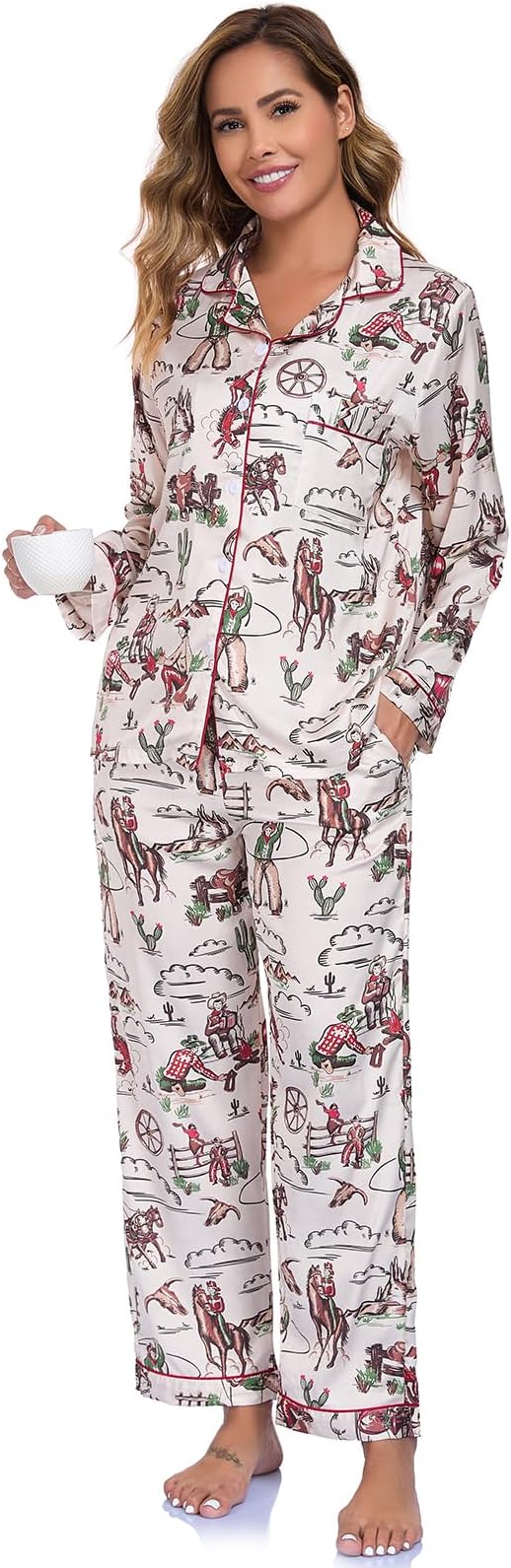 RONGTAI Womens Pajama Sets Button Down Long Sleeve Lapel Shirt With Pocket — image 10