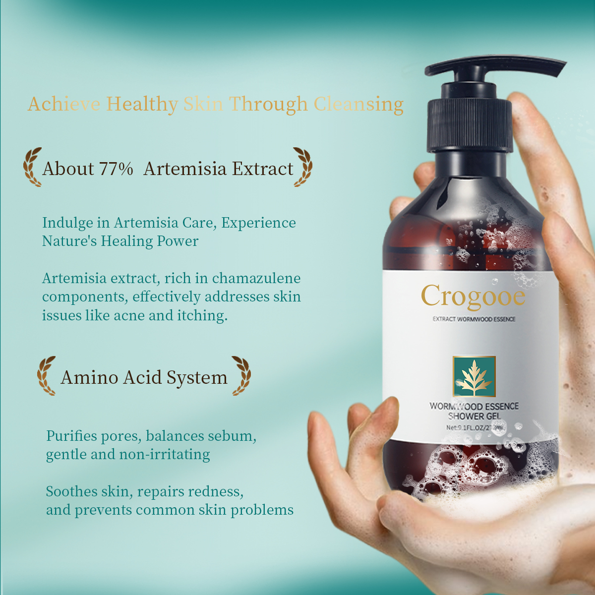 Crogooe-Herbal Shower Gel, About 77 Artemisia Extract, containing Amino Acid, Herbal Extract Skin Cleaning Body Washes