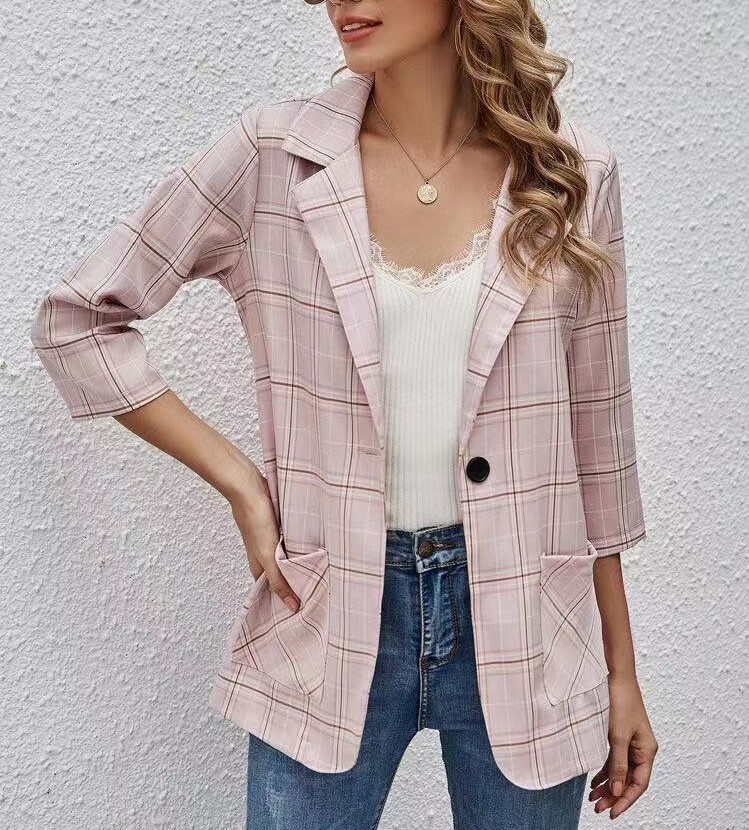 Fashion Plaid Three Quarter Sleeve Small Suit