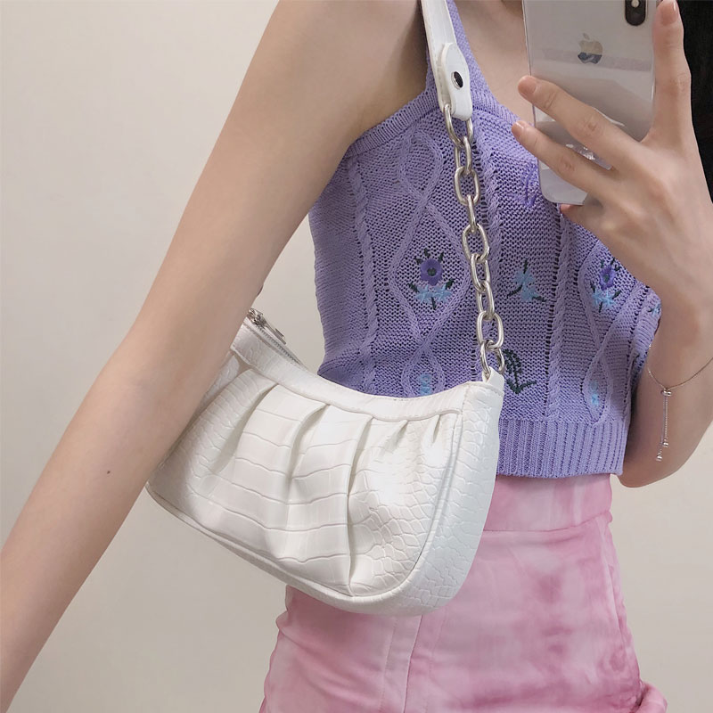 One shoulder Diagonal Baguette Folds Cloud Pattern Niche Design Chain Underarm Bag White - Shop at LoveMi