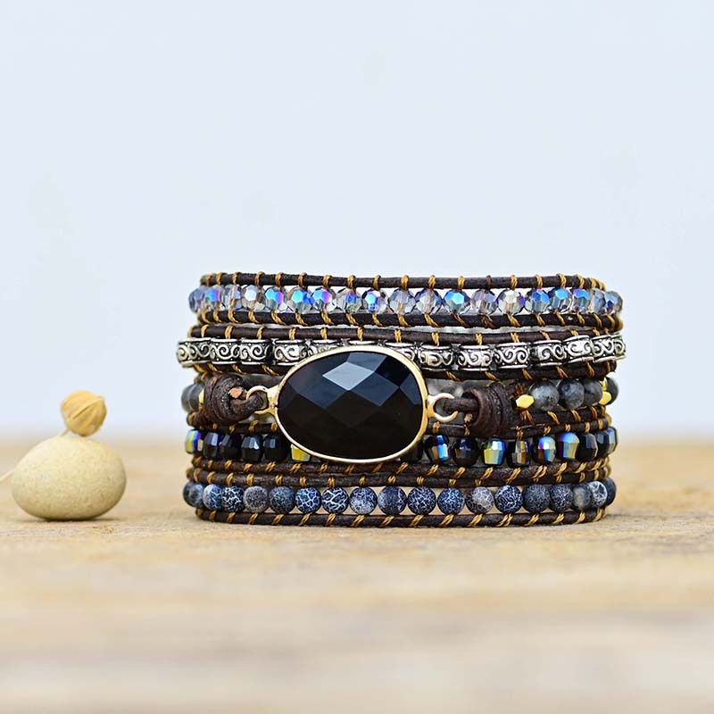 Fashion Natural Obsidian Cowhide Woven Bracelet