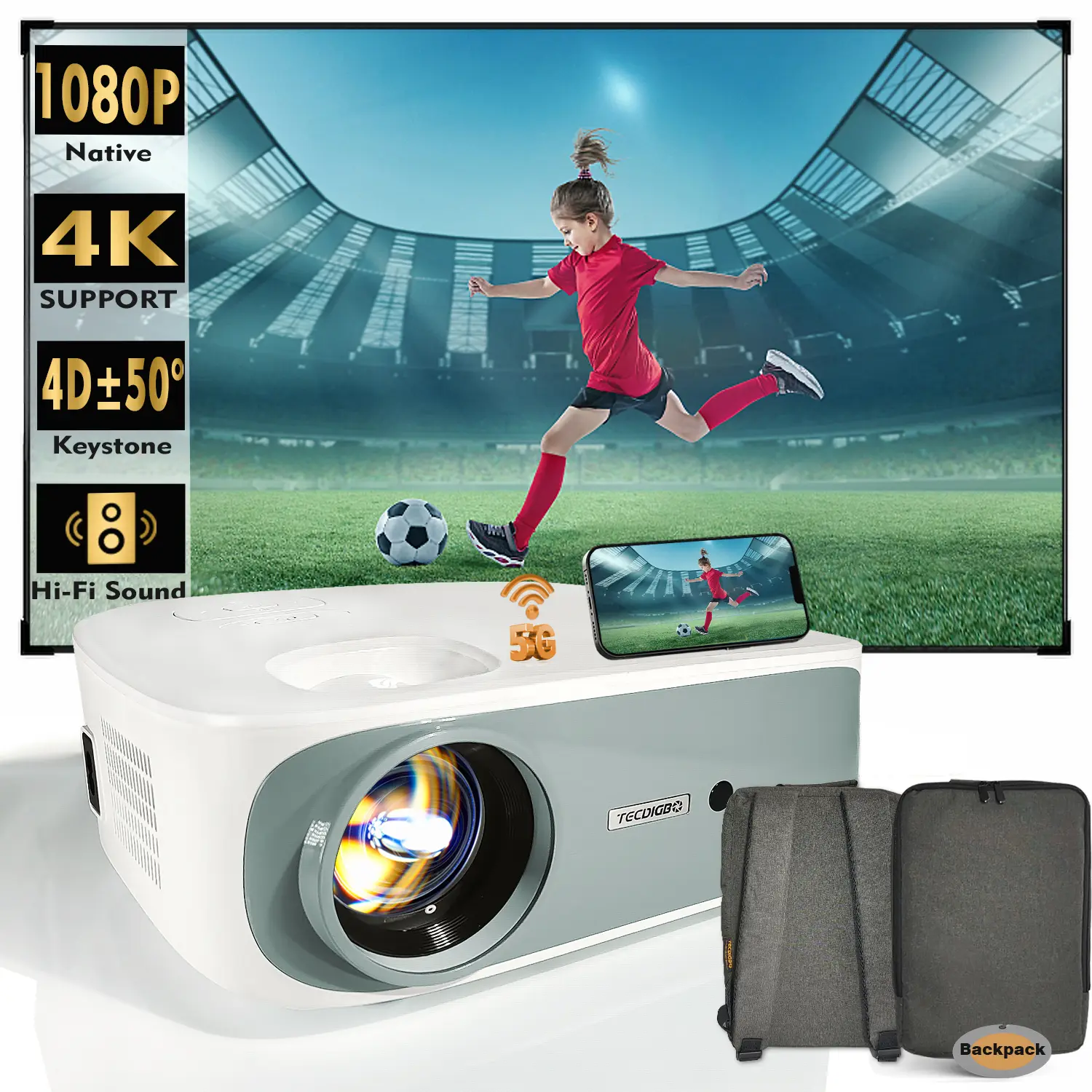 4K 5G Bluetooth Projector 4D Keystone Correction Native 1080P Full HD Outdoor Movie Projector For Smart Phone Laptop PC DVD TV PS4