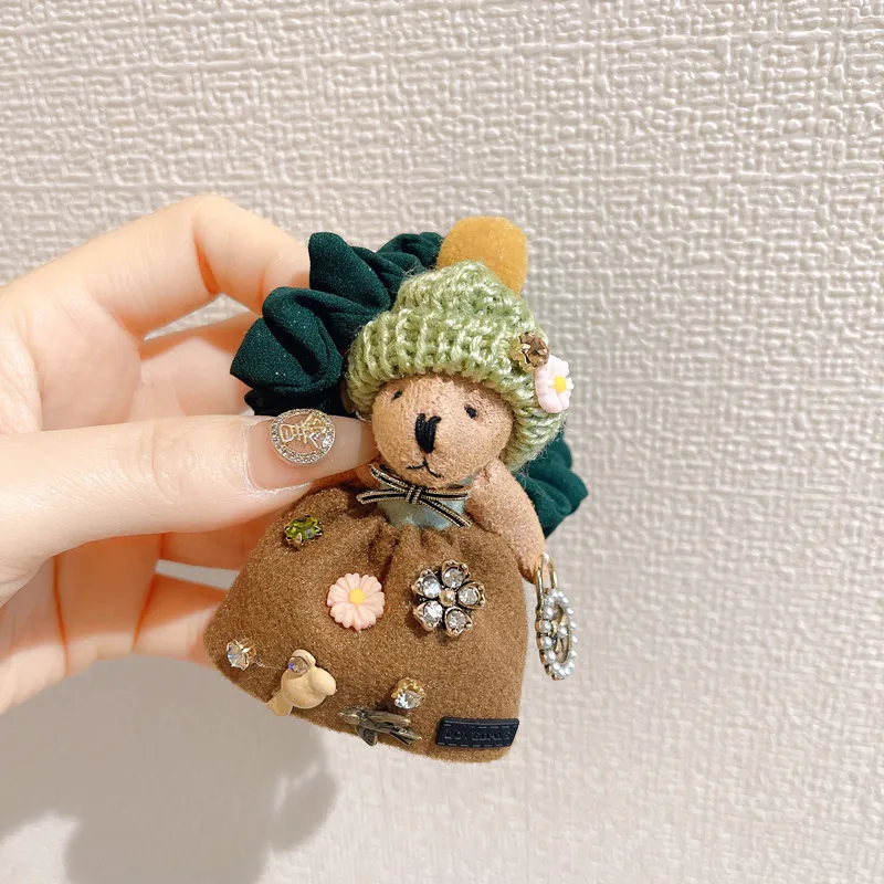 Girl Heart Cute Bear Plush Rhinestone Rubber Band Hair Ring - Turmeric