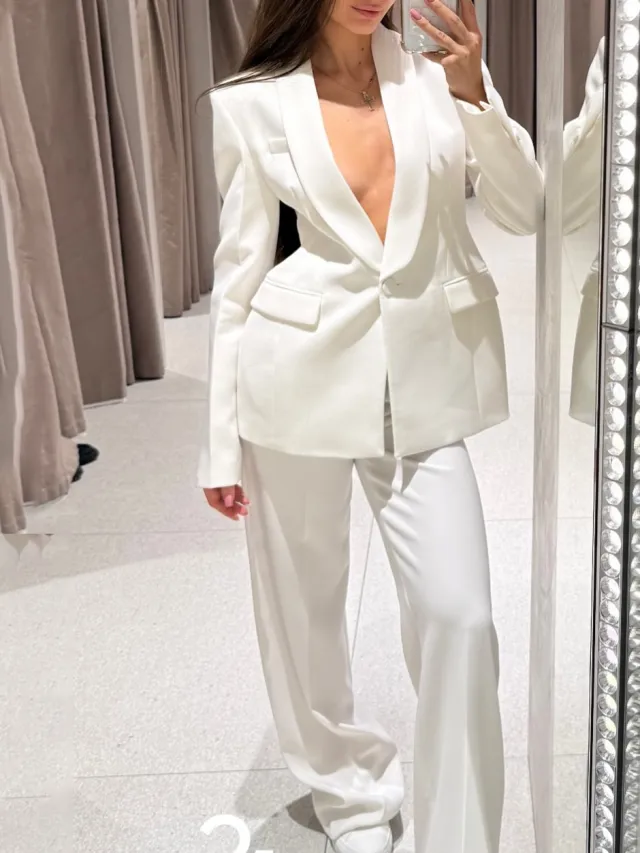 Solid Color Lapel Suit Jacket & High Waist Pants Set White - Shop at LoveMi
