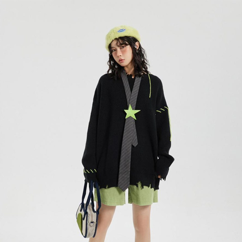 High Street Hip Hop Contrasting Color Embroidery Ripped Green Sweater