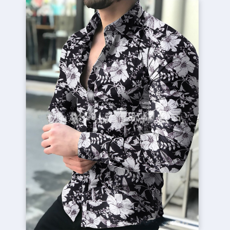 Spring And Autumn Men's Casual Long-sleeved Floral Shirt