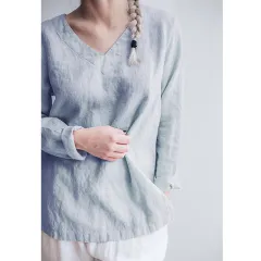 Women's Pure Linen V Neck Long Sleeve Top - Blue - View 1