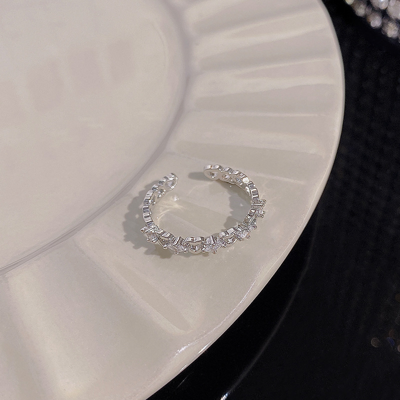 1PCS Ins Style Silver Zircon Ring For Women, Light Luxury Minimalist Design, Adjustable Open Band, Versatile Elegant Jewelry