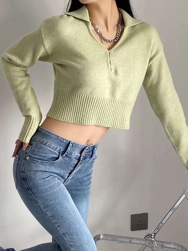 Retro Fashion Simple Lapel Cropped Sweater