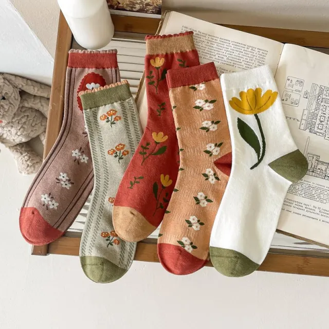 Women's Retro Autumn Simplicity All match Flower Tube Socks Combed Cotton Set - Shop at LoveMi